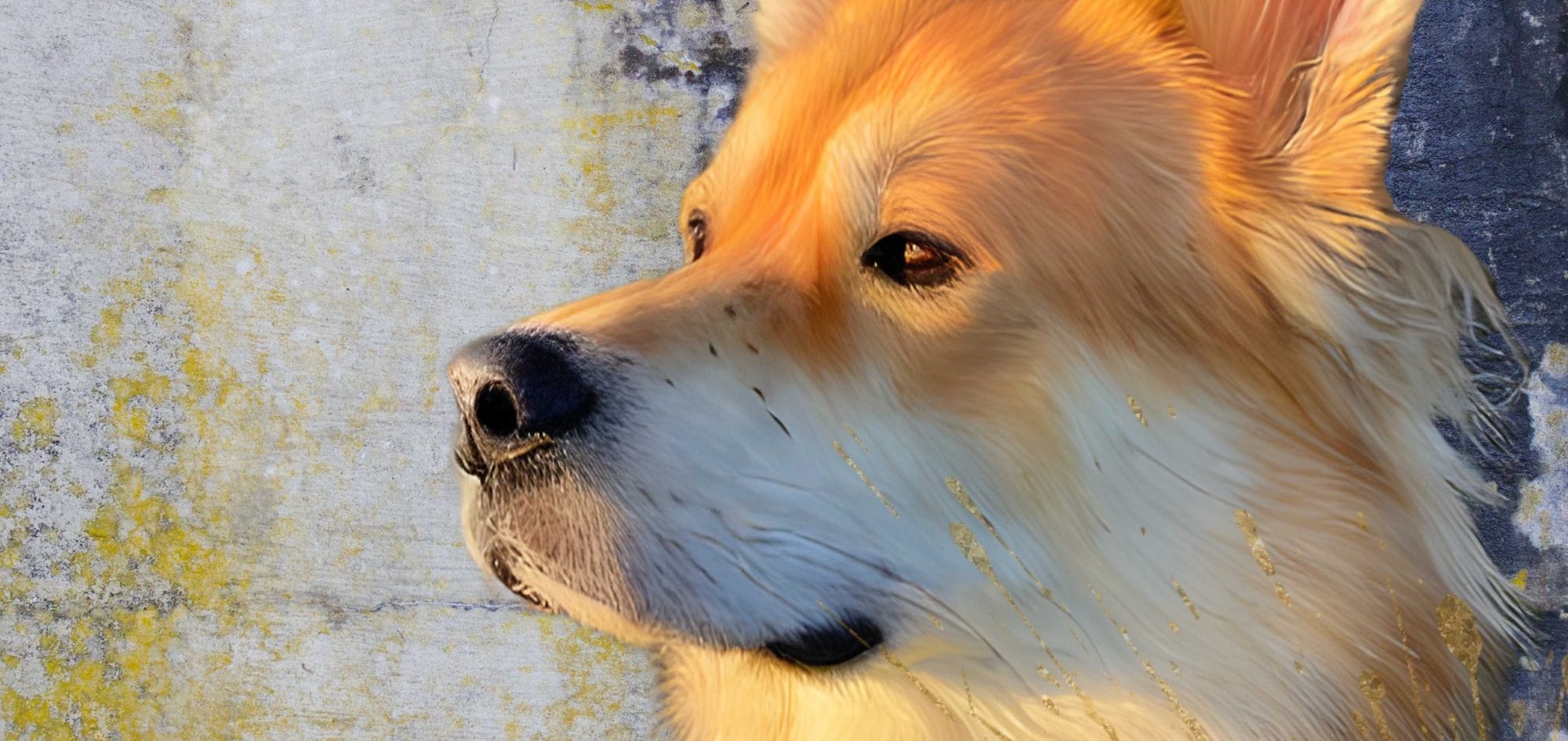 Marvellous Marvin's Fur Baby Art Close-up of a golden-haired dog looking to the side against a textured background.